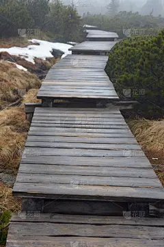 雾中山间小路上的木桥