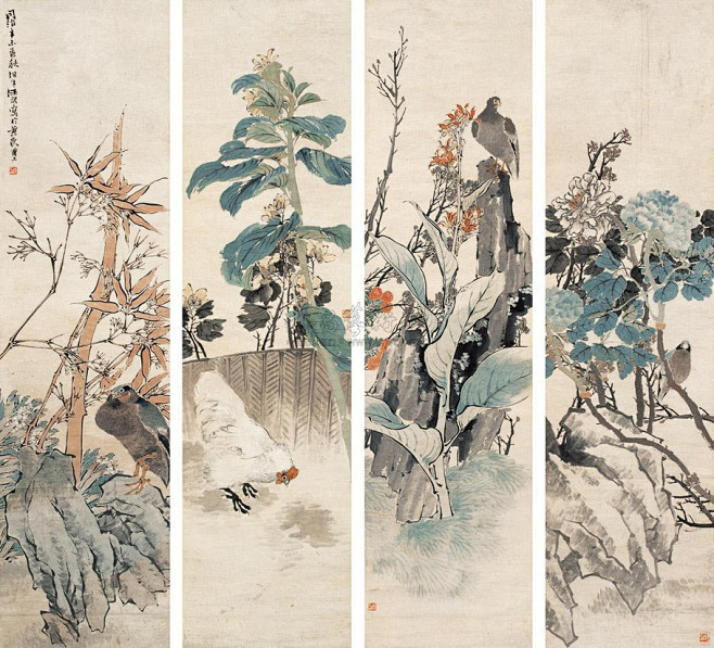 任颐-任伯年——花鸟四屏欣赏 | 任颐(1840-1896)，即任伯年，清末著名画家。初名润，字次远，号小楼(亦作晓楼)，后改名颐，字伯年 ...