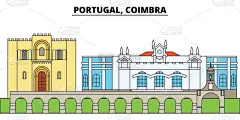 葡萄牙, 科英布拉。城市天际线, 建筑, 建筑物, 街道, 剪影, 景观, 全景, 地标。可编辑笔画