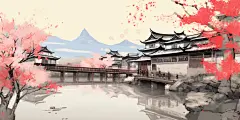 中国风山水花朵树木建筑素材图片
