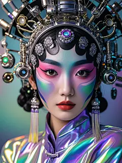 正面 机械零件与人像摄影融合 概念设计作品 川剧机械姬 服装和头饰融入了炫彩镭射等未来材质 艺术彩妆 头冠由机械零件组合而成 戏曲文化与现代机械科技融合 完美光影 柔焦 柔