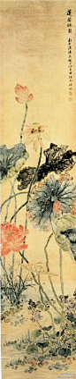 【 清 陆恢《花卉图 ( 之莲盖珠圆) 》】南京博物馆藏。此花卉图共十六屏，以水墨、敷彩描绘具有吉祥意味的花果树木。其一《莲盖珠圆》，以恽南田之没骨画法，兼工笔、写意绘荷花亭亭玉立之姿。