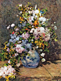 除了女性人体之外，印象派大师雷诺阿对花卉也情有独钟~他喜欢忠诚于自己的感觉，以自己的方法来表达心中的感情以及那些关于自然和梦想的情境；他透过喜悦的眼、温暖的心，画出了一幅幅充满善与美的女性和花朵­~Bouquet of Spring Flowers《春之花束》，1866