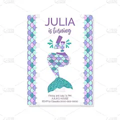 Cute birthday invitation for little mermaid birthd