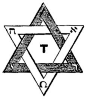Hexagram (Shatkona, Seal of Solomon)。六角星是由两个交叠的三角形组成，在许多宗教信仰和文化中被使用。除了十字架和万字符之外，六角星最古老最普遍的精神符号之一。圣经中以色列王所罗门与之有关，在犹太教中它被叫作大卫之星（Star of David）。所罗门之封印（The Seal of Solomon）在魔法仪式中，六角星被叫作所罗门之封印，由女性水三角和男性火三角构成，代表了神的结合。传说中的四大元素（earth, air, water, and fire ）土、气 、水