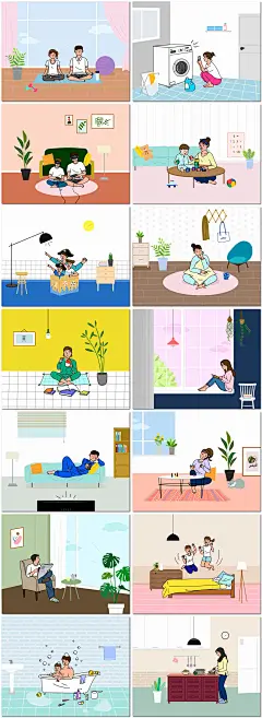 人物宅家生活看电视读书做菜手绘插图插画海报设计矢量模板素材