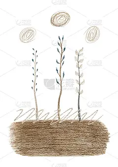 彩色铅笔抽象插图与棕色的地面和三棵小树在它上，棕色的线和螺旋上方在白色的背景。棕色图片，纵向。