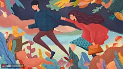 梦幻彩色世界牵手情侣热恋情人节插画 节日节气 情人节
