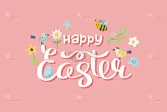 用鸟，蝴蝶和花写的复活节祝福语。可爱的手绘矢量插图，卡片模板