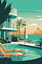 Illustration of a pool with lounge chairs and palm trees in the background generative ai