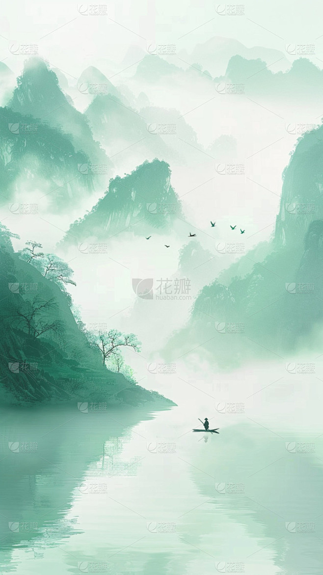 中国风通用春绿色古风山水云雾意境竖版图片素材素材-花瓣网