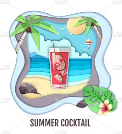 热带鸡尾酒海滩景观。剪纸艺术风格设计