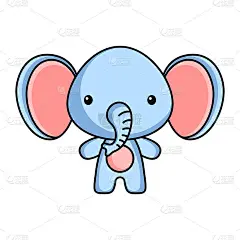 可爱的卡通大象标志模板在白色的背景。吉祥物动物人物设计画册、剪贴簿、贺卡、请柬、传单、贴纸、卡片。矢