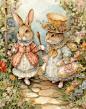 两只可爱的兔子在古色古香的气氛中在林子里散步时的水彩画，老式明信片