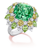 绿色珍罕碧玺配黄色蓝宝石、橄榄石和钻石戒指