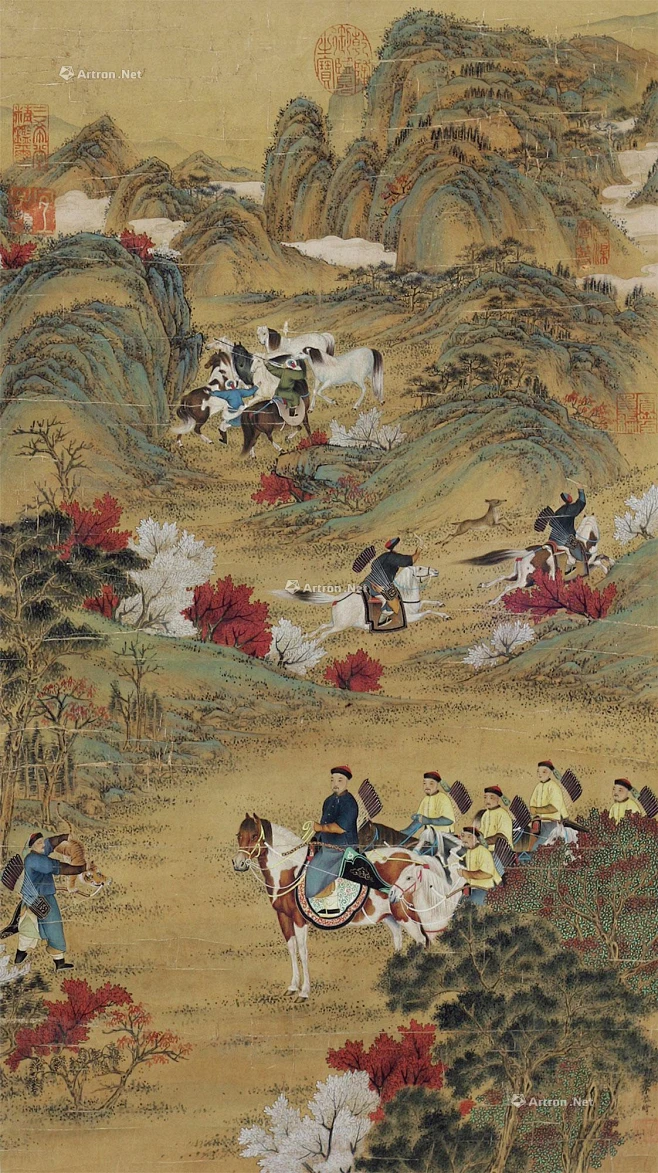 郎世宁——《狩猎图》人物山水场景 立轴欣赏 | 清|郎世宁(1688-1766)，意大利米兰人，原名朱塞佩·伽斯底里奥内，清康熙54年 ...