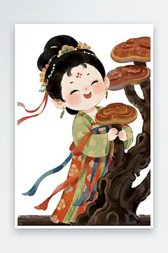 拿灵芝中医养生文化卡通人物插画