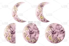 水彩剪贴画月相在浅紫色孤立的白色背景。金色装饰-树枝、花朵、蝴蝶。手绘印刷、请柬、贺卡、升华设计。