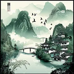 春天的风景以青山和水为背景，燕子飞在小房子上的流水，竹子，桥