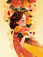 38女王节手绘风格插画／唯美浪漫美女和花朵