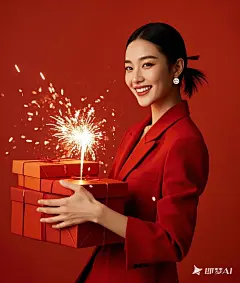 穿红色西装，东方女性，摄影人像，头上留2厘米空白，扎马尾，御姐写真，正脸，净清透的皮肤，白暂皮肤，高级精致五官，无饰品，红色礼服，拿着礼盒，礼盒堆，开心，简约高级，新年或者烟花背景，现代美学，开心，高