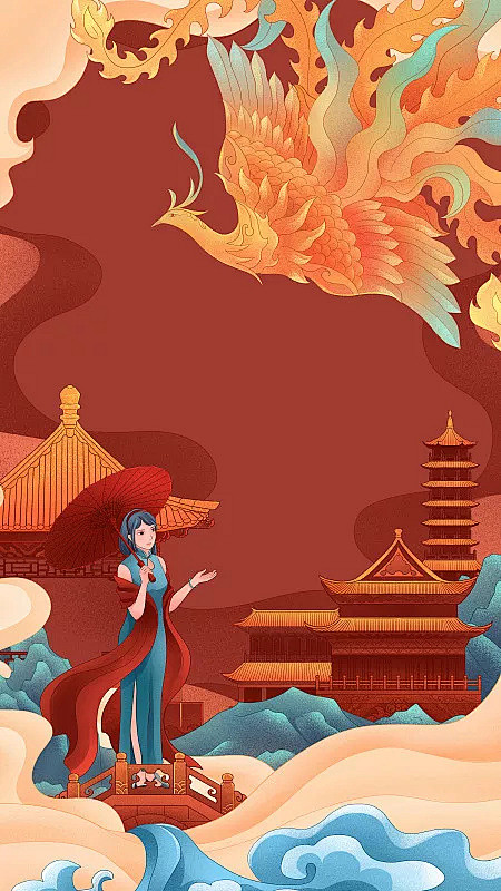 插画,旗袍,凤凰,宫殿,飞图片ID:VC...