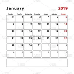 2019年1月的日历计划表，周开始于周日。