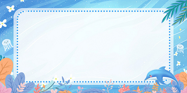 蓝色梦幻卡通儿童花朵海豚唯美叶子手绘背景...