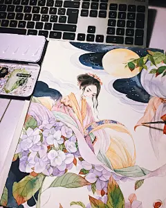 最小说6月 月照空庭秋-GUTANG_水彩,古风,商稿_涂鸦王国插画 #古风荟萃#
