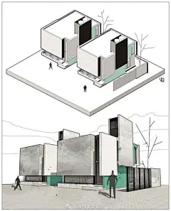 建筑手绘-体块组合与分割 来自理想主义设计 - 微博