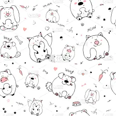 可爱的,动物手,幽默,四方连续纹样,纺织品,壁纸,狗,猪,动物,绘制
