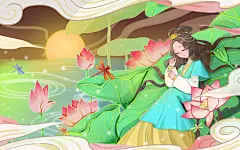 卡通手绘国潮夏天荷花原创插画素材海报