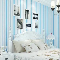 地中海粉蓝色条纹无纺布壁纸 儿童房公主房卧室客厅墙纸防潮防霉