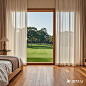 bed room with golf court view, with a 2 point perspective view