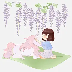 春季人物和紫藤插画图片大小2000x2000px 图片尺寸1.24 MB 来自PNG搜索网 pngss.com 免费免扣png素材下载！白色的狮子#春季人物插画#卡通手绘#漂亮的小女孩#植物装饰#紫色的叶子#