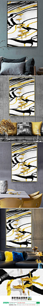 北欧手绘水墨梯田金色线条几何金箔蝴蝶抽象艺术床头画