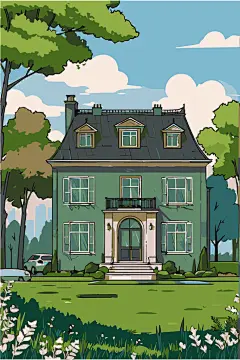 矢量手绘卡通别墅插画
