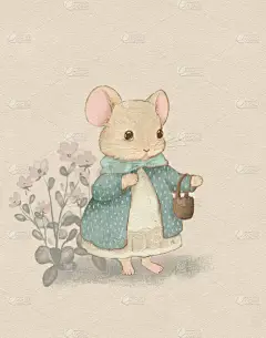 糊状古董鼠标绘图，可爱的小动物，小孩生日卡片，儿童读物插图