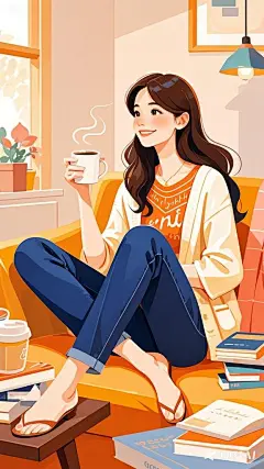 jimeng-2025-03-06-4722-帮我生成手拿咖啡的插画女性人物，风格扁平化，手绘，全身照