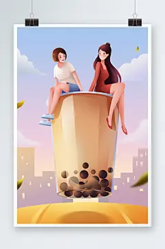 秋天秋季奶茶果茶珍珠奶茶人物插画