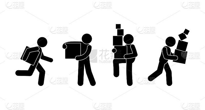 人们搬运箱子，装载机和快递图标集，stick figure man, stickman递送货物