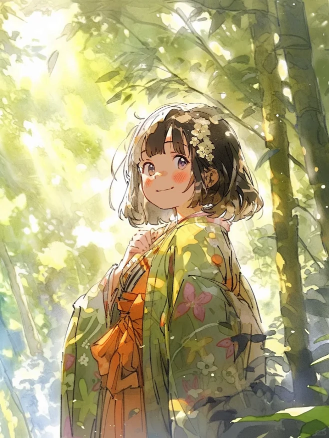 阳光下的森林精灵 |水彩风格动漫女孩 -...