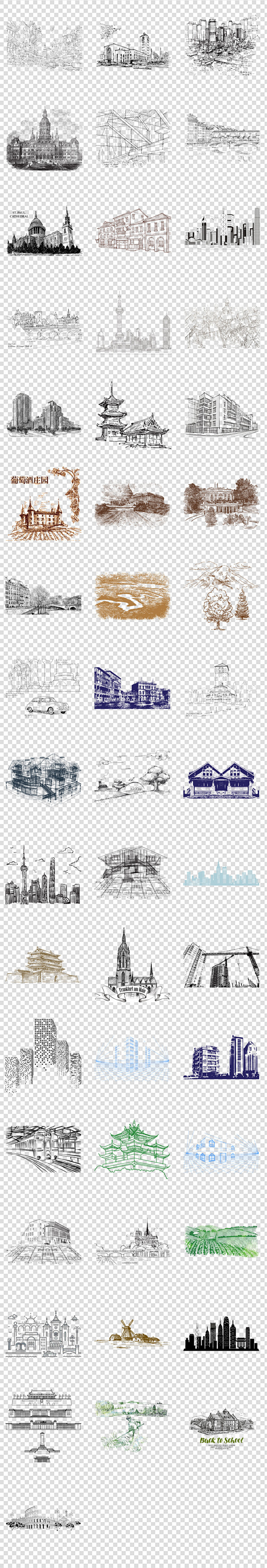 手绘线稿简笔画城市建筑背景png素材