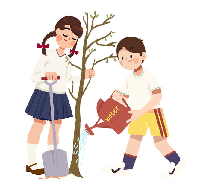 学生种树卡通手绘插画|学生种树,栽树,植树节,植树日,植物,爱护环境,浇水,环保