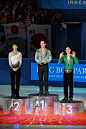 Yuzuru Hanyu of Japan Patrick Chan of Canada and Jason Brown of the USA pose after the Mens Free Skating event during day two of Trophee Eric Bompard...