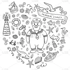 海洋生物卡通手绘矢量插图。粗略的艺术