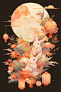 中国风传统中秋节月亮兔子插画海报元素-众图网