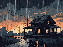 乌云电闪的下雨天插画AI数字艺术