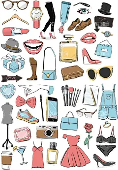 女性服饰  - 源文件下载【酷图网】女性服饰,女人服饰,女人衣服,衣服,矢量衣服,卡通衣服,手绘衣服,衣服插画,衣服插图,女人手表,女性眼镜,衣架,裙子,连衣裙,女性内衣,包包,手提包,帽子,墨镜,女性衣服模特,相机,复古相机,画笔,眉笔,化妆笔,靴子,礼物,嘴唇,嘴巴,蝴蝶结,手指,鸡尾酒,高脚杯,奶茶杯,香水,眼睛,眉毛,爱心钻石