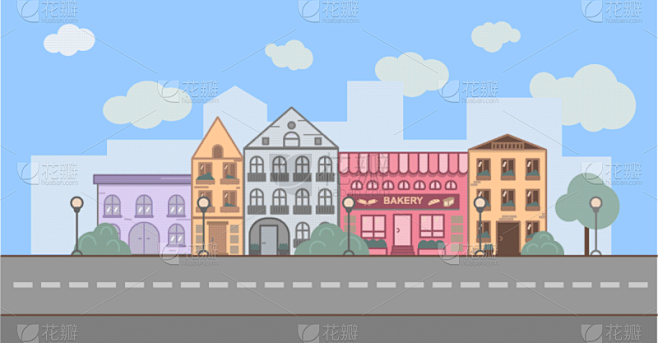 city street with houses a bakery in a cartoon